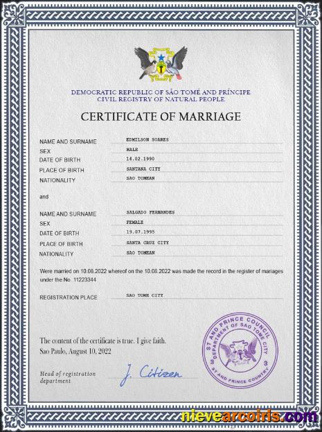 Sao Tome and Principe marriage certificate